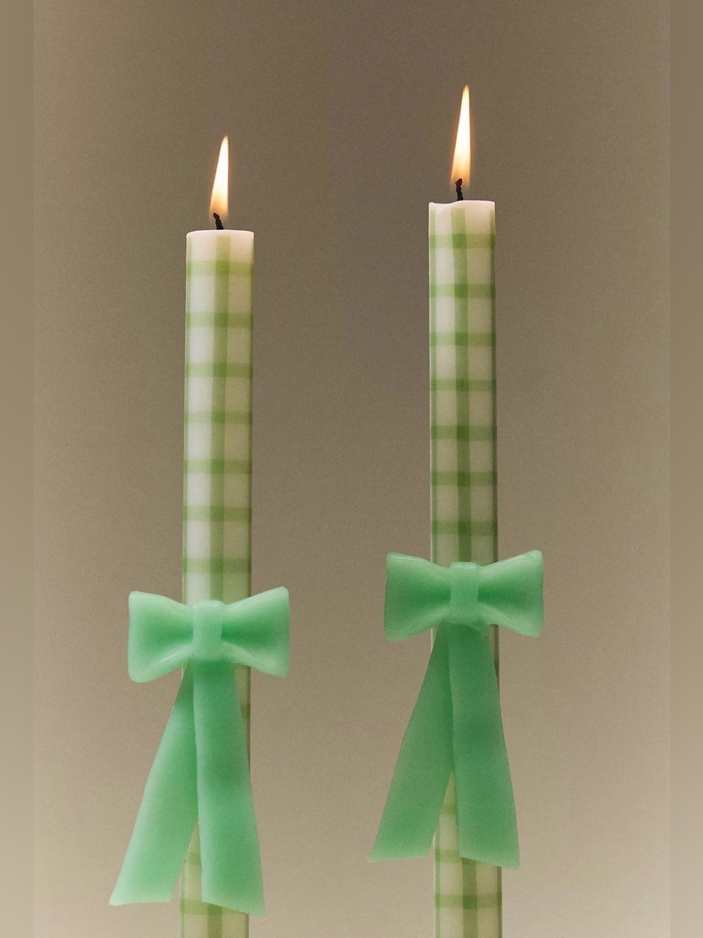 BNIB Anthropologie Gingham Bow Taper Candles Set of 2 Green - NEW